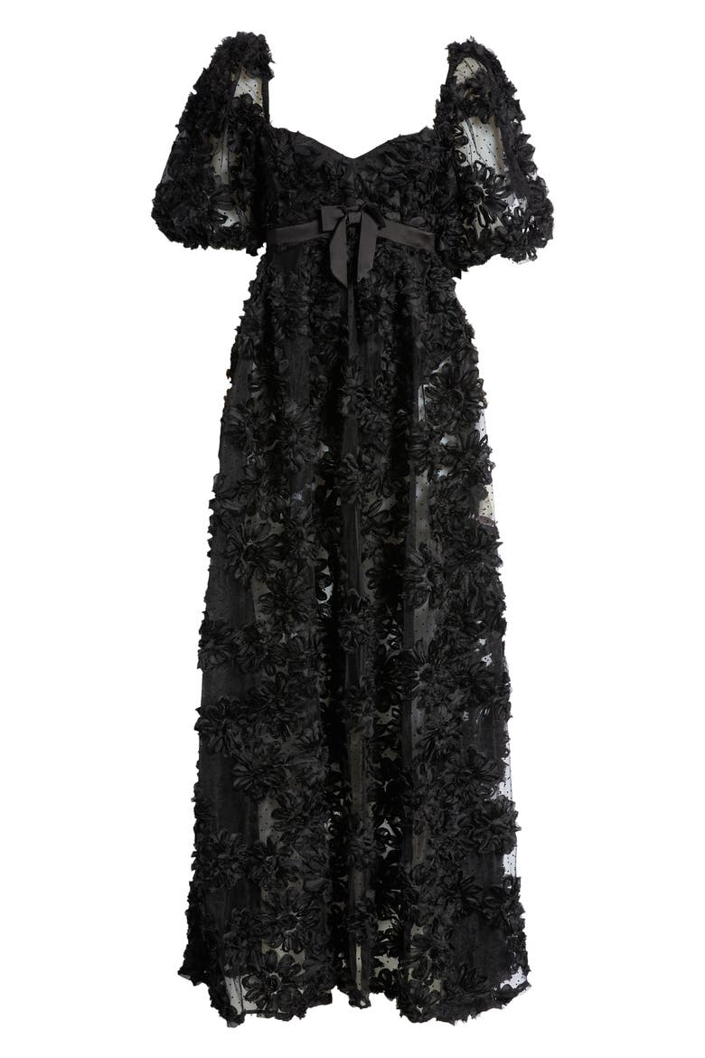 Astrid Embroidered Back Cutout Flock Dot Gown, Alternate, color, BLACK
