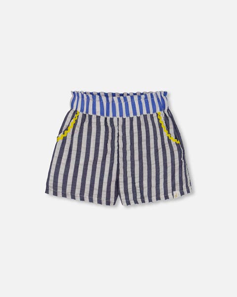 Girl's Seersucker Short Navy Blue And White