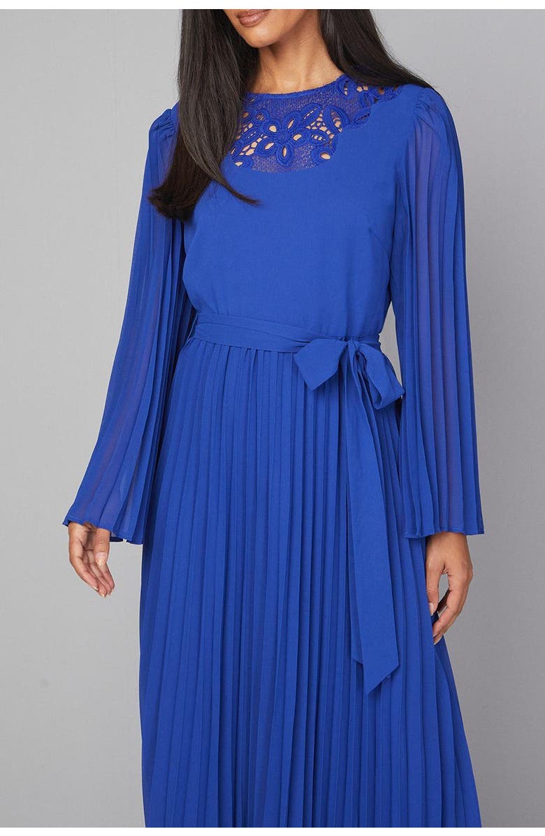 Wallis Pleated Floral Trim Midi Dress, Alternate, color, Cobalt