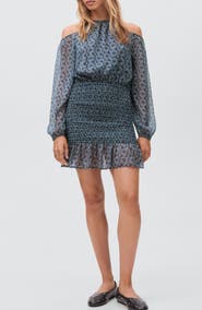 MANGO TEEN Cold Shoulder Long Sleeve Smocked Dress