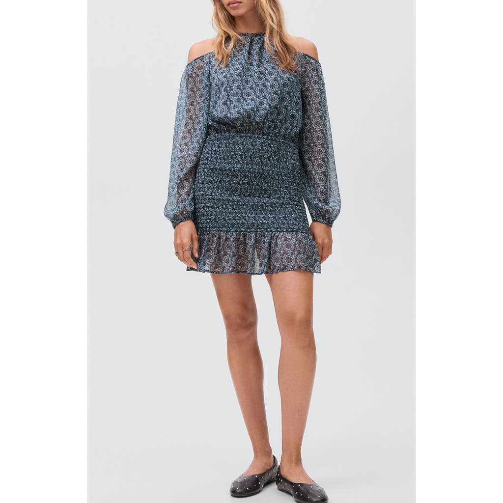 Mango Teen Cold Shoulder Long Sleeve Smocked Dress In Blue