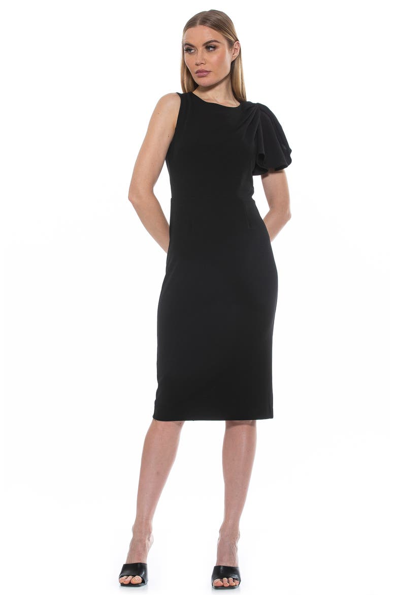 Draped Sheath Midi Dress, Alternate, color, BLACK