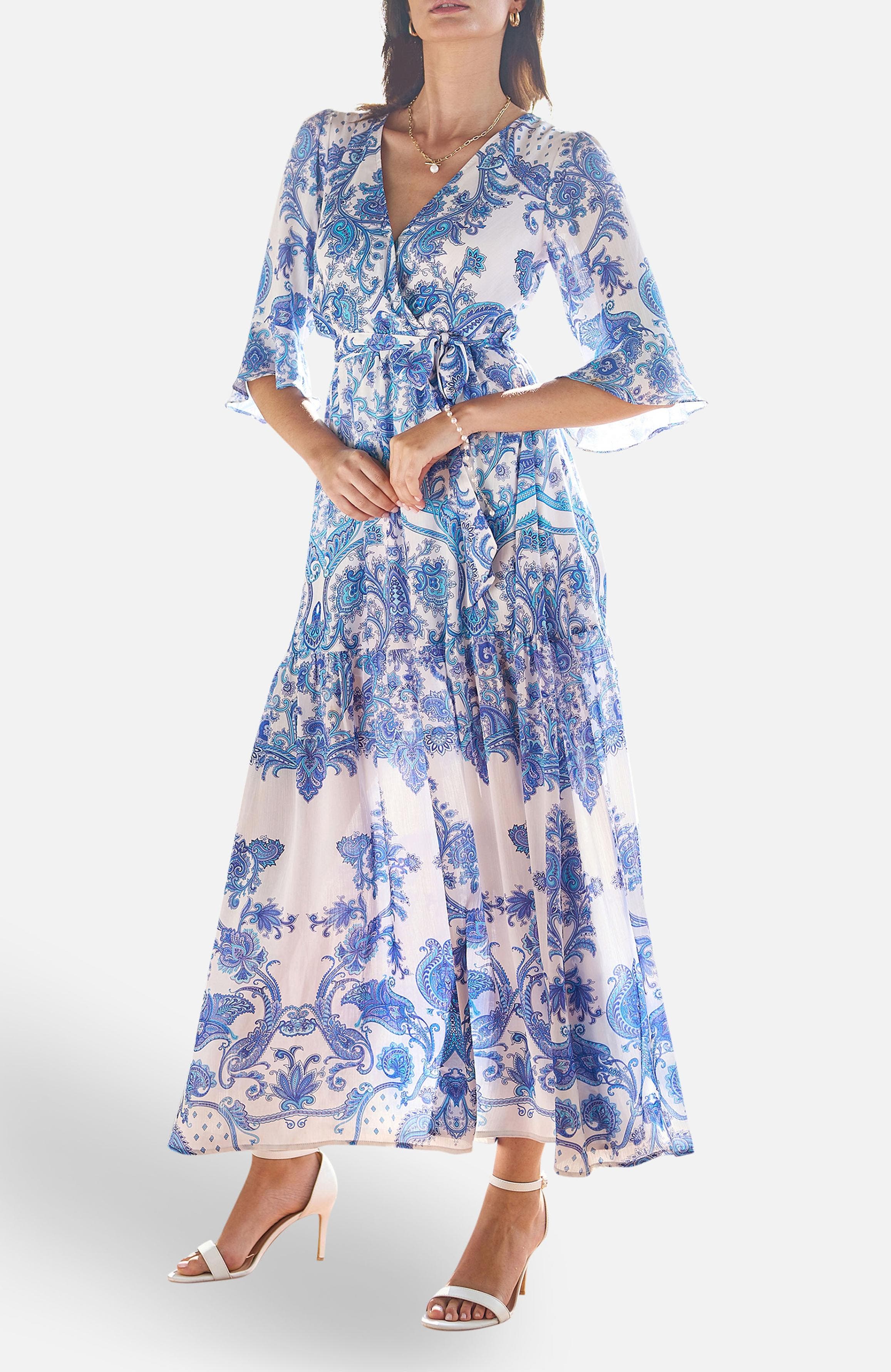 mesh paisley wrap dress Medellin Gathered Side-Tie Wrap Dress Paisley Beige