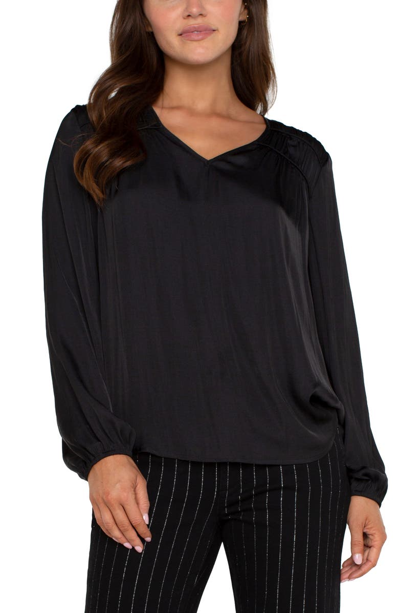 Liverpool Shirred V-Neck Top, Alternate, color, Black