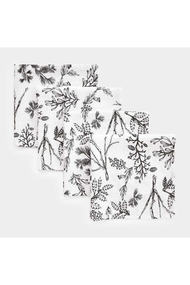 Linen Dinner Napkins Set of 4, 20 x 20" - Winter Forest, Main, color, Black/White