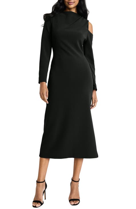 Boat Neck Cold-Shoulder Long Sleeve Maxi Dress