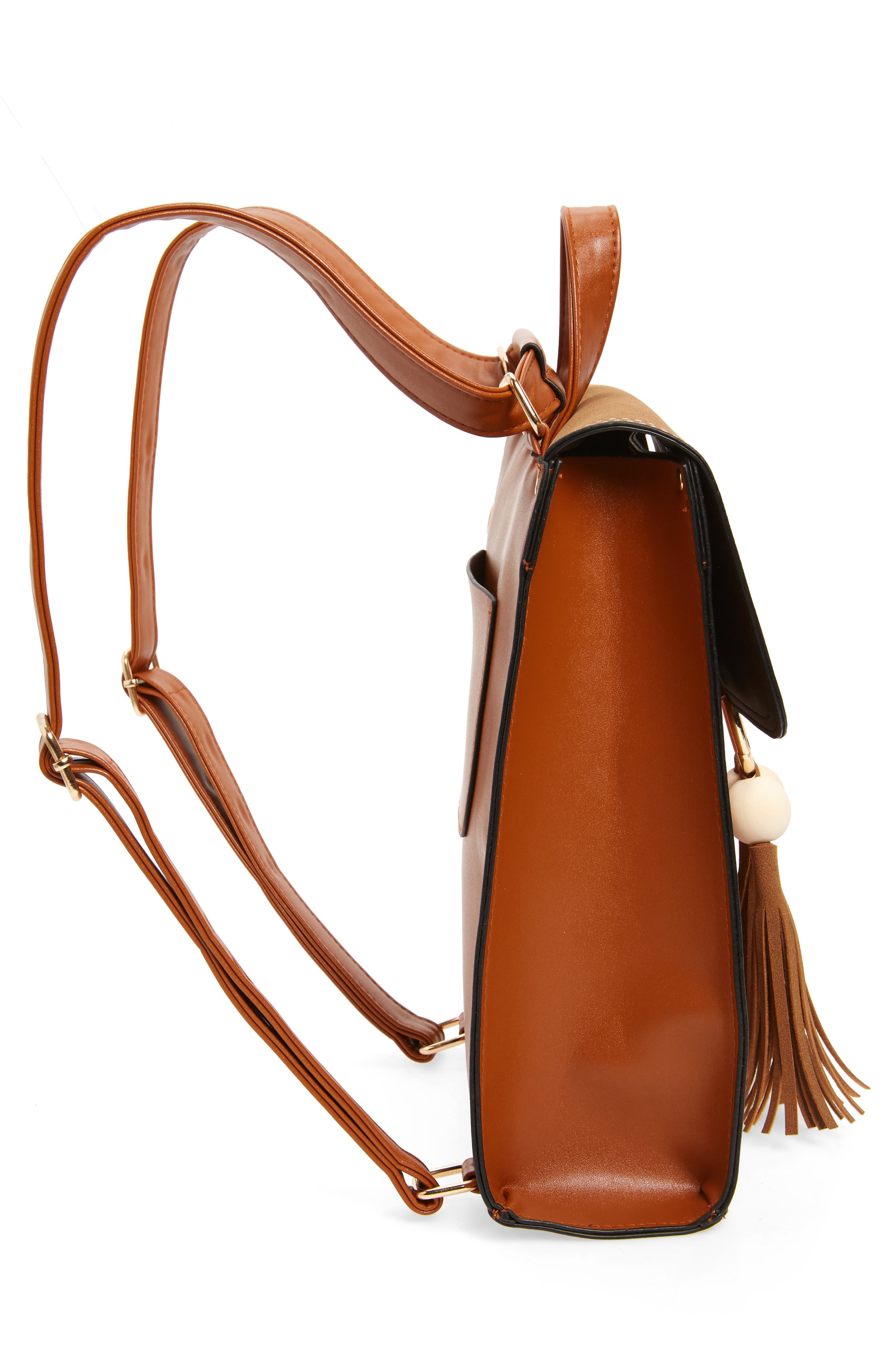 Beaded Tassel Faux Leather Backpack, Alternate, color, BROWN