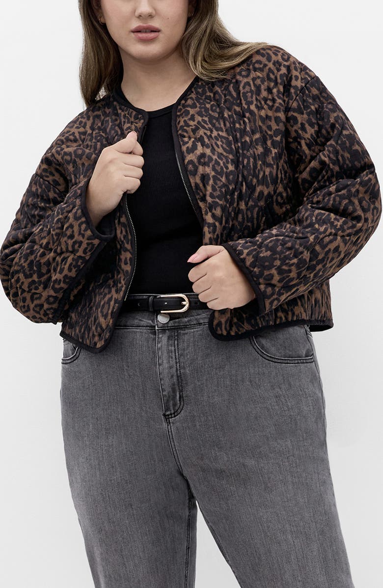 City Chic Leopard Print Crop Quilted Jacket, Main, color, Animal