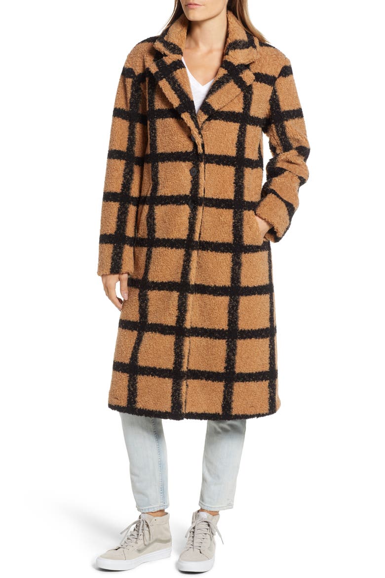 Berber Longline Plaid Coat, Alternate, color, CAMEL/ BLACK