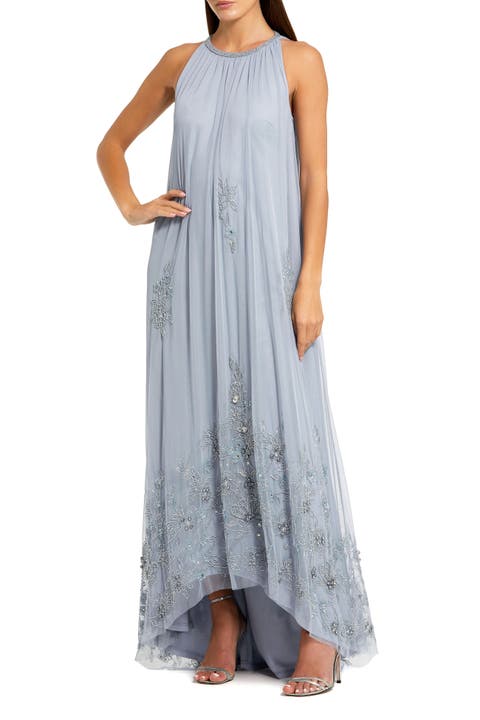 High Neck Floral Embellished Trapeze Gown