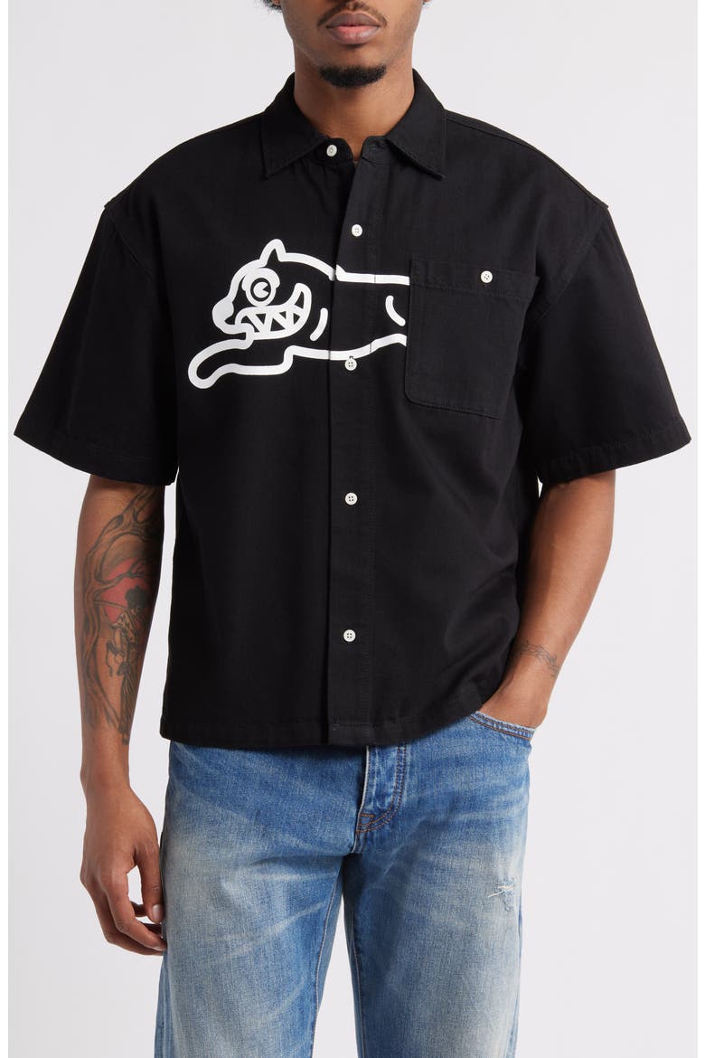 Running Dog Short Sleeve Denim Graphic Button-Up Shirt, Alternate, color, BLACK CARAMEL