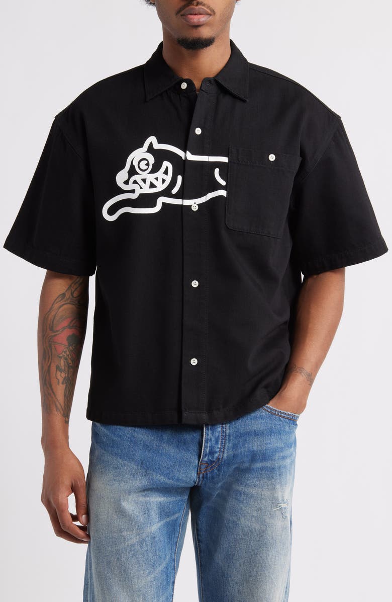 ICECREAM Running Dog Short Sleeve Denim Graphic Button-Up Shirt, Alternate, color,