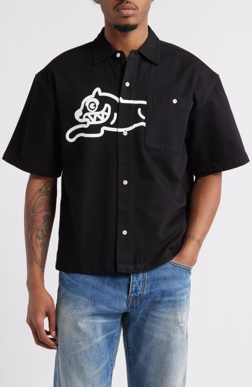 ICECREAM ICECREAM RUNNING DOG SHORT SLEEVE DENIM GRAPHIC BUTTON-UP SHIRT 
