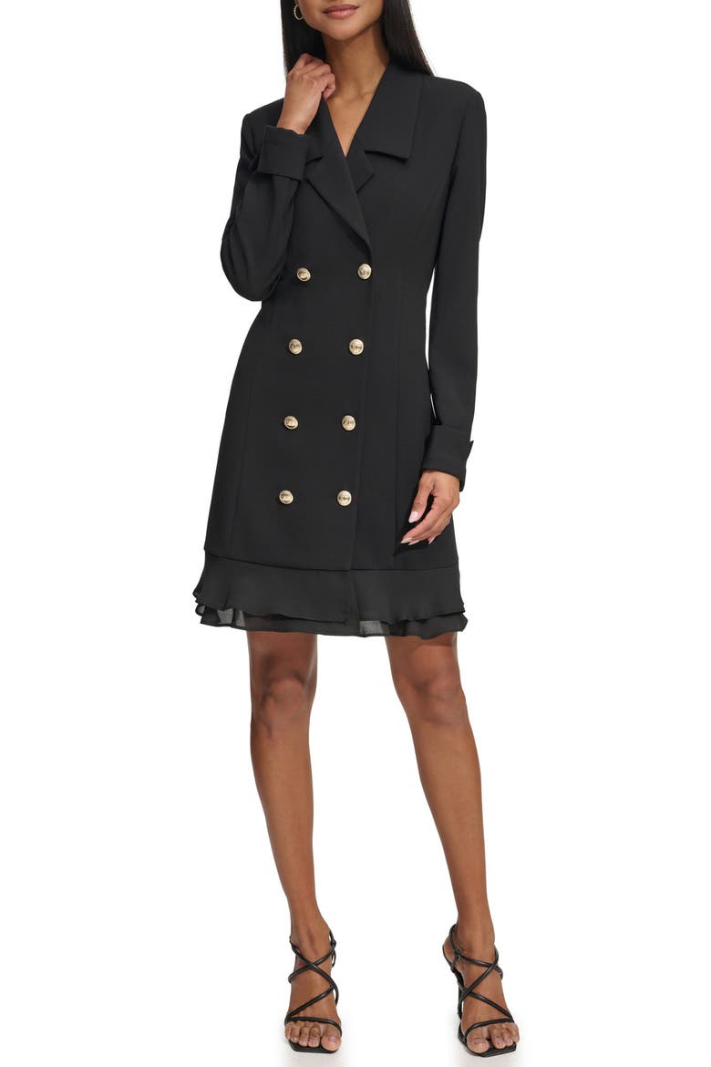 Double Breasted Long Sleeve Scuba Crepe Blazer Dress, Alternate, color, BLACK