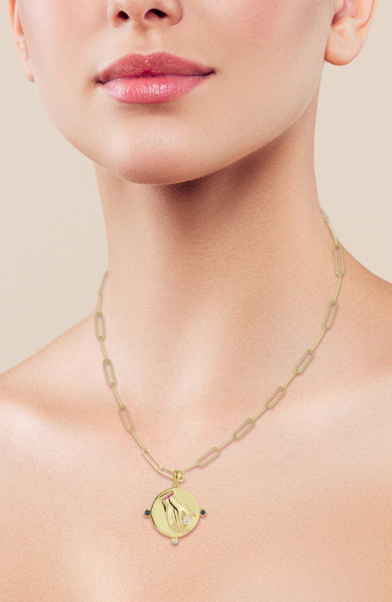 SPHERA MILANO Cubic Zirconia & Cultured Pearl Medallion Pendant Necklace, Alternate, color, Gold