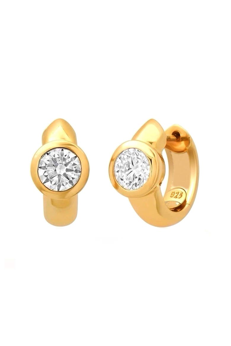Bezel Set Round Crystal Huggie Hoop Earrings, Main, color, GOLD
