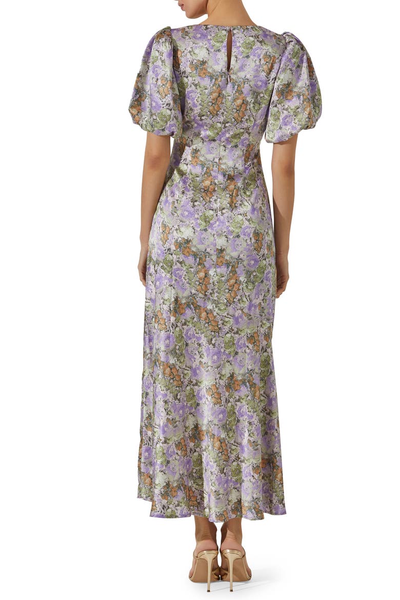 Floral Puff Sleeve Satin Maxi Dress, Alternate, color, PURPLE GRE