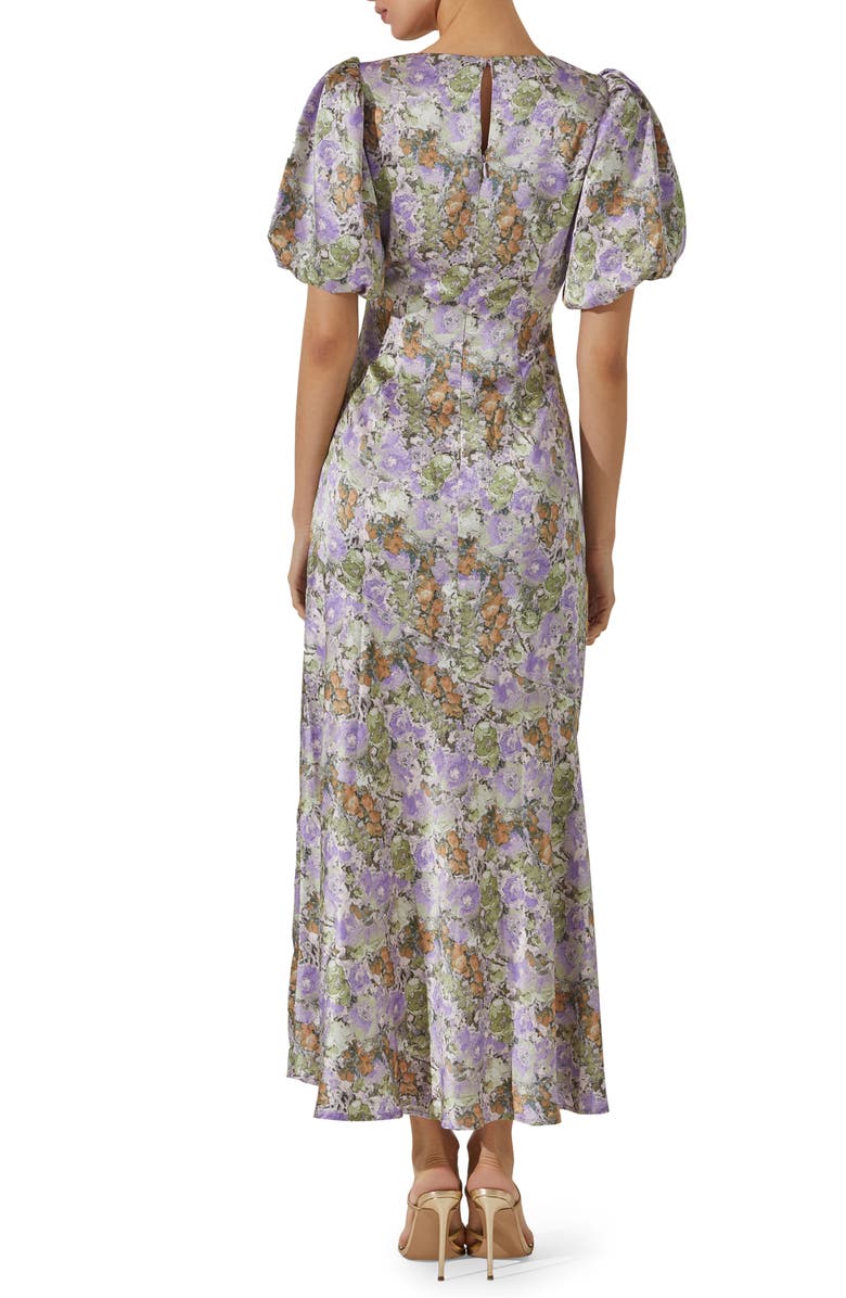 ASTR the Label Floral Puff Sleeve Satin Maxi Dress, Alternate, color, Purple Gre
