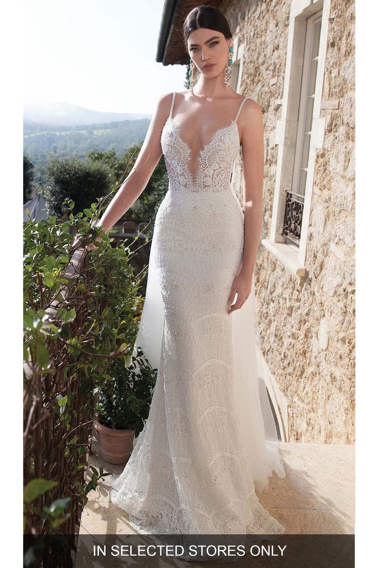 Embellished Lace Column Gown with Detachable Train, Alternate, color, IVORY