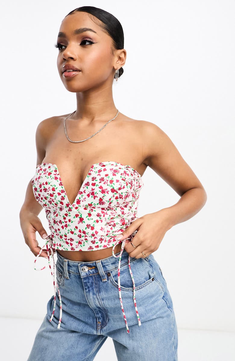ASOS DESIGN Floral Smocked Back Corset Crop Top, Main, color,