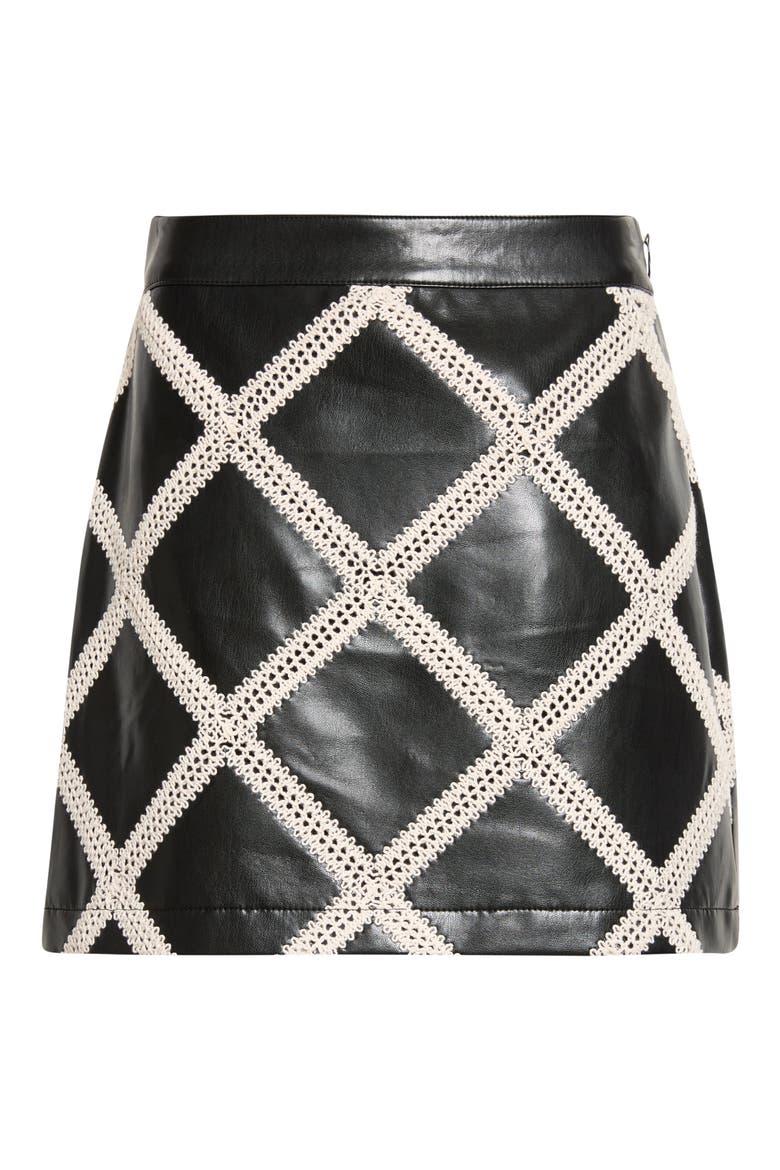 Audree Lattice Trim Faux Leather Miniskirt, Alternate, color, BLACK/ GARDENIA