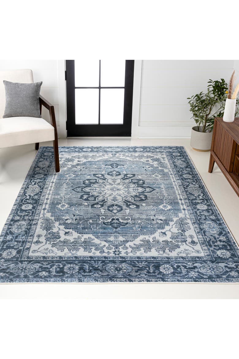 Asa Ornate Medallion Machine-Washable Area Rug, Alternate, color, Blue/Cream