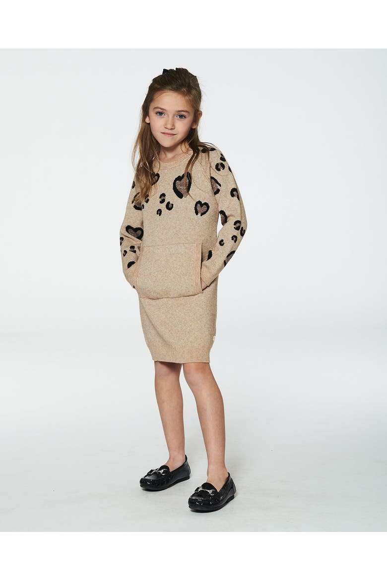 Little Girl's Sweater Dress With Heart Jacquard Beige Mix, Alternate, color, Off White