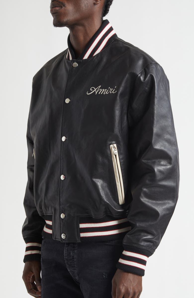 AMIRI Club Amiri Embroidered Leather Varsity Jacket, Alternate, color, Black