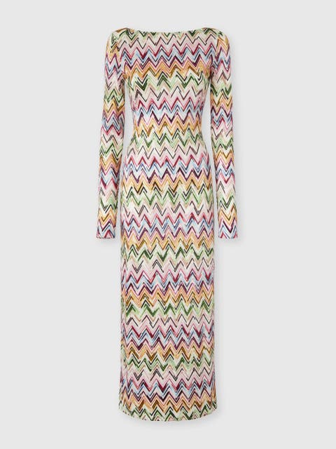 Long-sleeved Dress In Stretch Viscose With Lace And Zigzag Motif