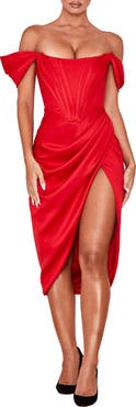 HOUSE OF CB Loretta Off the Shoulder Satin Corset Dress
