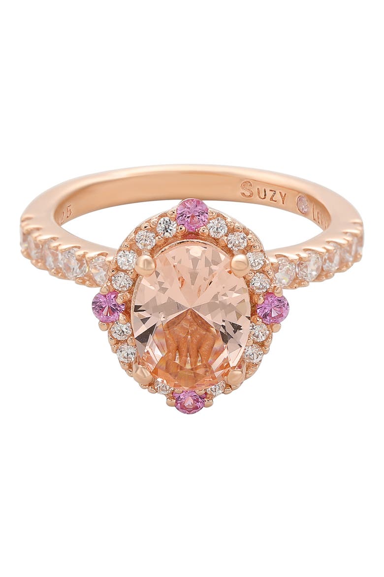Rose Gold Sterling Silver Oval Cut CZ Halo Ring, Alternate, color, PINK