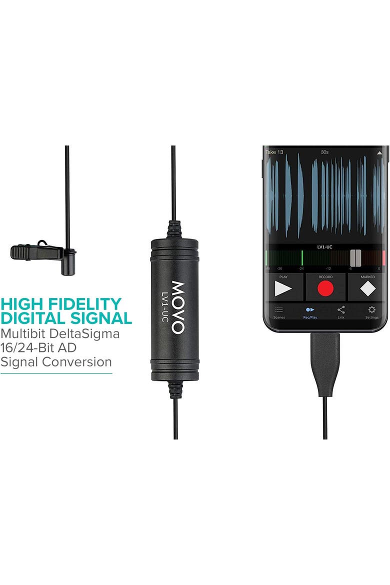 LV1-UC USB-C Lavalier Microphone for iPhone, iPad, Android, and USB Type-C Devices with 20-Foot Cable and Carrying Case, Alternate, color, Black