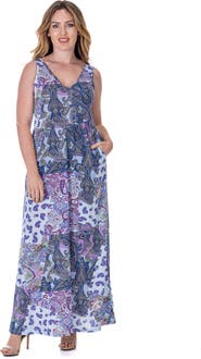 24seven Comfort Apparel Paisley Sleeveless V-Neck Maxi Dress With Pockets