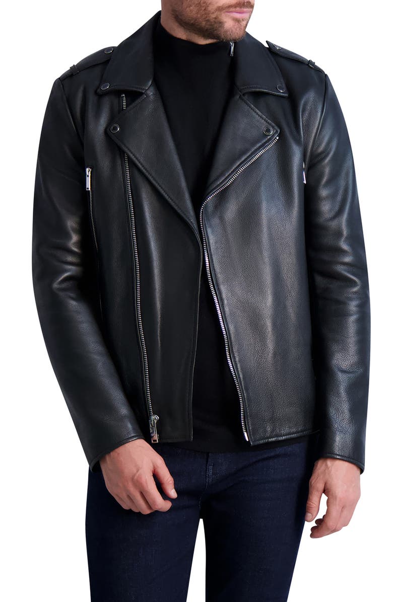 KARL LAGERFELD PARIS Asymmetric Leather Moto Jacket, Main, color, Black