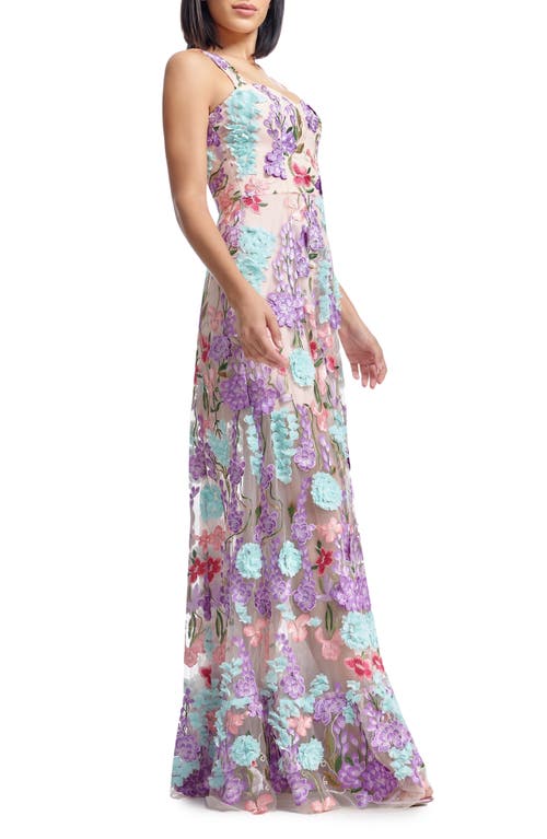 Dress The Population Anabel Floral Appliqué Chiffon Gown In Blush Multi