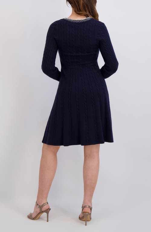 London Times Faux Pearl Neck Cable Stitch Fit & Flare Dress In Blue