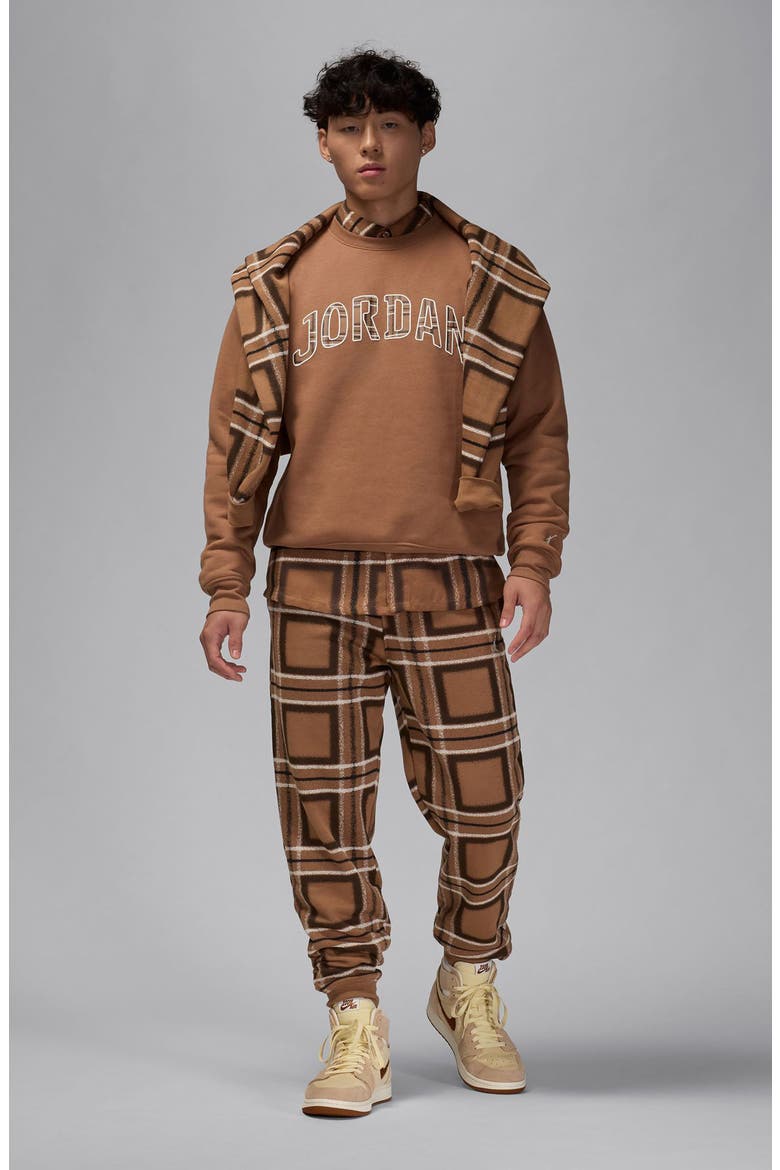 Essentials Plaid Logo Fleece Crewneck Sweatshirt, Alternate, color, ACORN BROWN/ SAIL