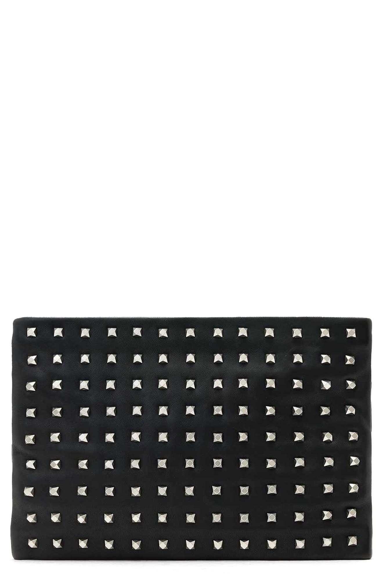 AllSaints Bettina Studded Leather Clutch, Main, color, Black