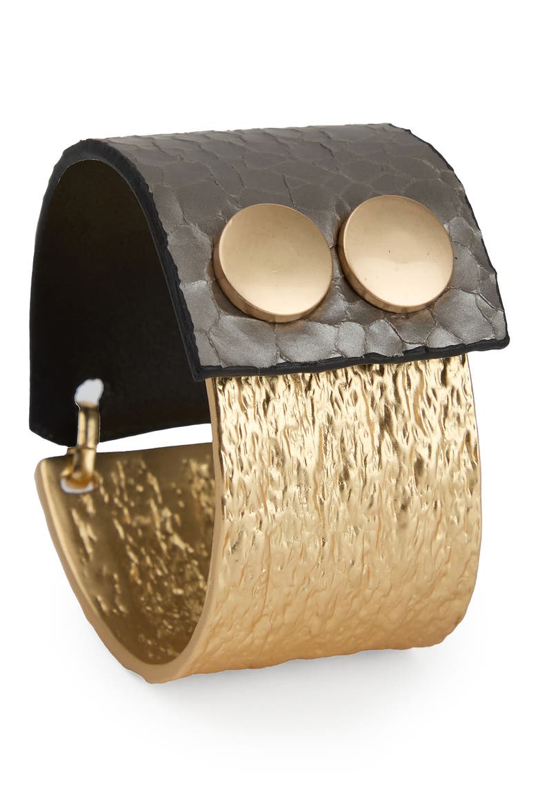 Textured Link Faux Leather Cuff Bracelet, Alternate, color, GOLD/GREY