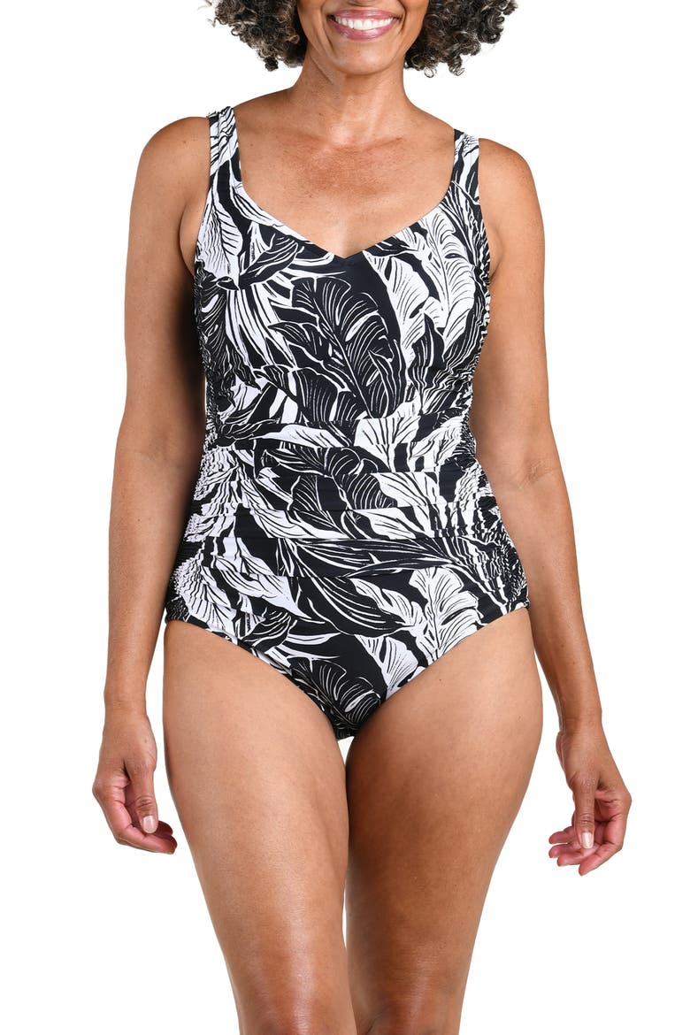 Side Shirred One-Piece Swimsuit, Main, color, BLACK