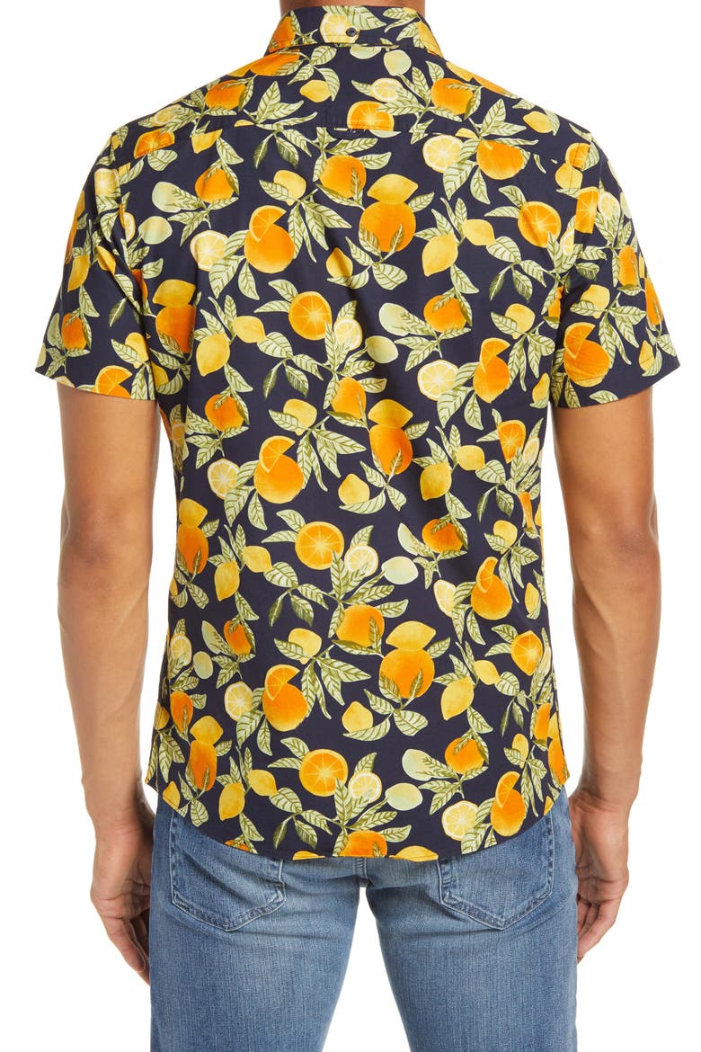 Slim Fit Citrus Print Short Sleeve Button-Down Shirt, Alternate, color, NAVY ORANGE CITRUS LEAVES