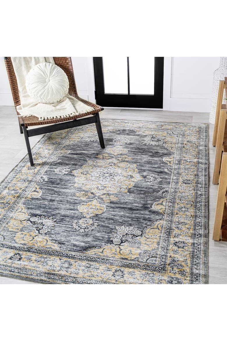 Bausch Bohemian Distressed Chenille Machine-Washable Area Rug, Alternate, color, Dark Gray/Yellow