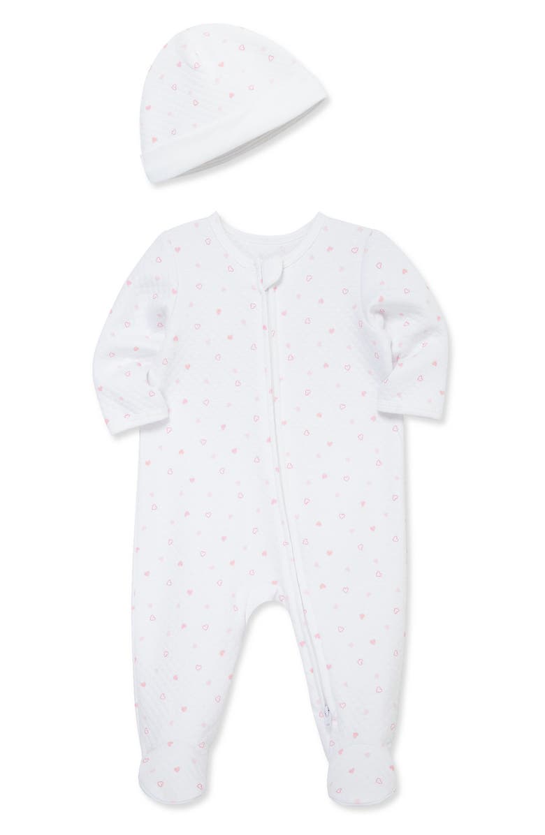 Little Me Joyful Quilt Footie & Hat Set, Alternate, color, White/ Pink
