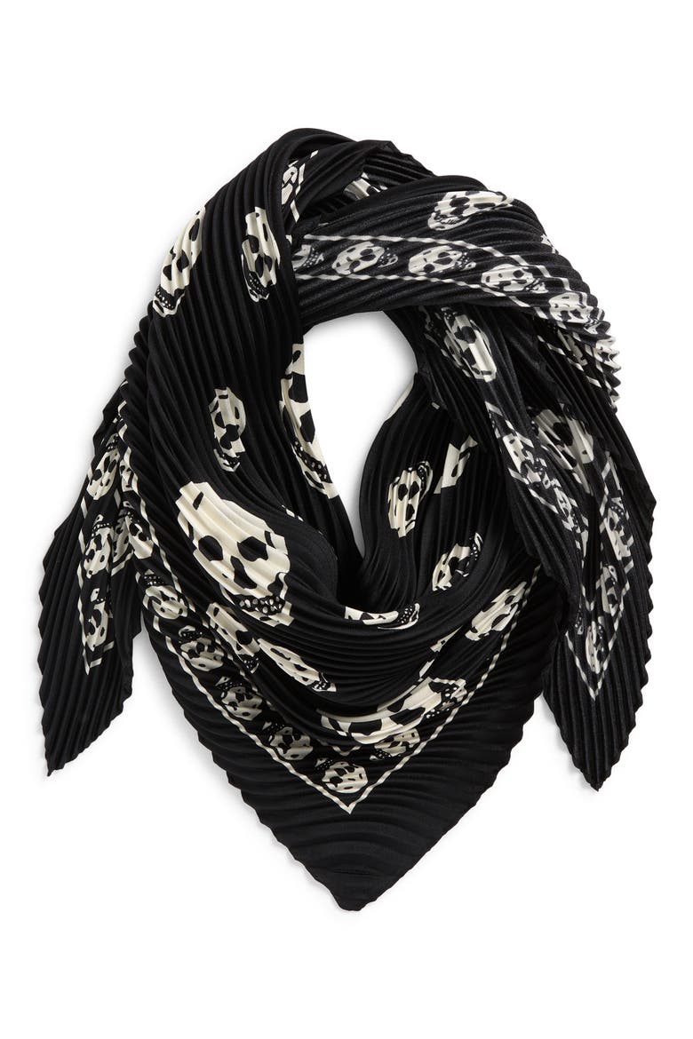 Classic Skull Print Pleated Silk Square Scarf, Alternate, color, BLACK/ IVORY