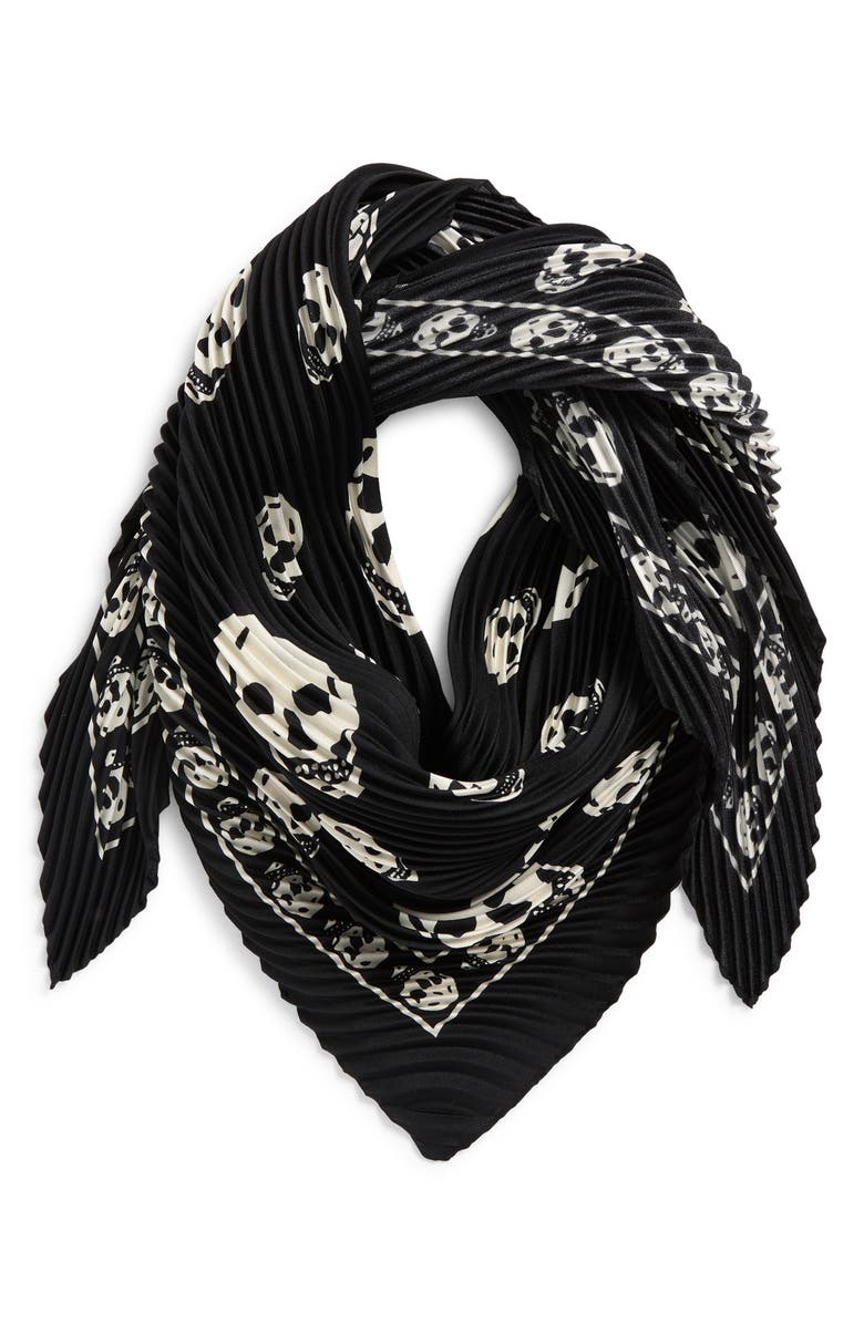 McQueen Classic Skull Print Pleated Silk Square Scarf, Alternate, color, Black/ Ivory