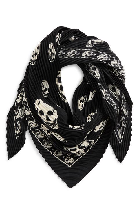 Classic Skull Print Pleated Silk Square Scarf