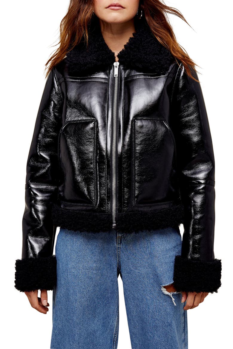 Faux Leather Biker Jacket with Faux Fur Trim, Main, color, BLACK