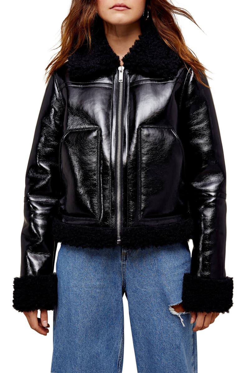Topshop Faux Leather Biker Jacket with Faux Fur Trim, Main, color, 