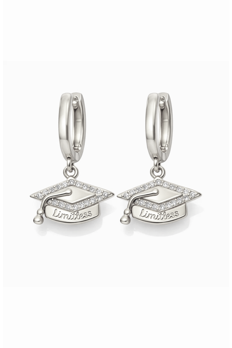 Limitless Graduation Cap Huggie Hoop Earrings, Main, color, Silver