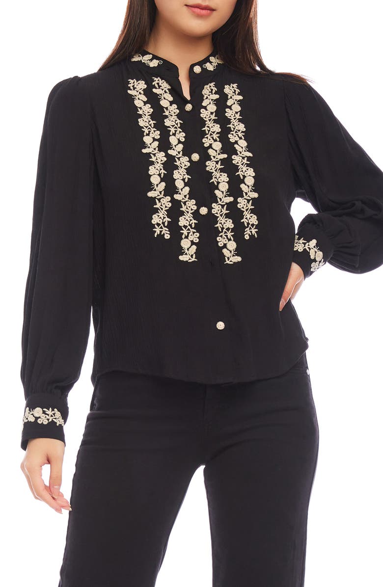 Karen Kane Floral Embroidered Button-Up Shirt, Main, color, 